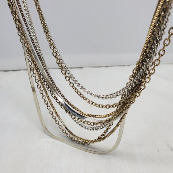 Bijou multi-strand necklace with gold & silver chains with glass stones - Picture 6 of 10